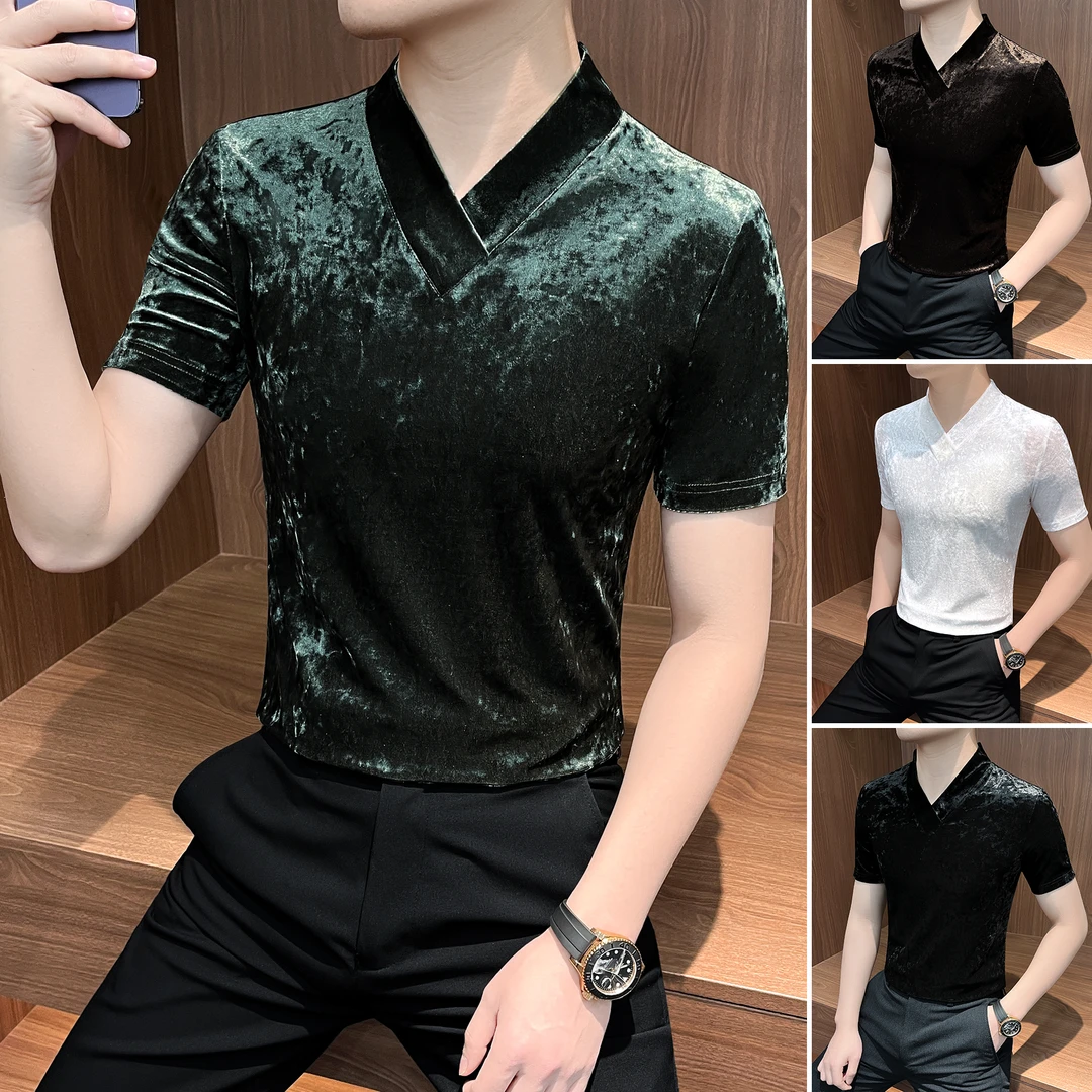 金丝绒v领t恤男款短袖网红款设计师男装高级感潮牌休闲男士打底衫