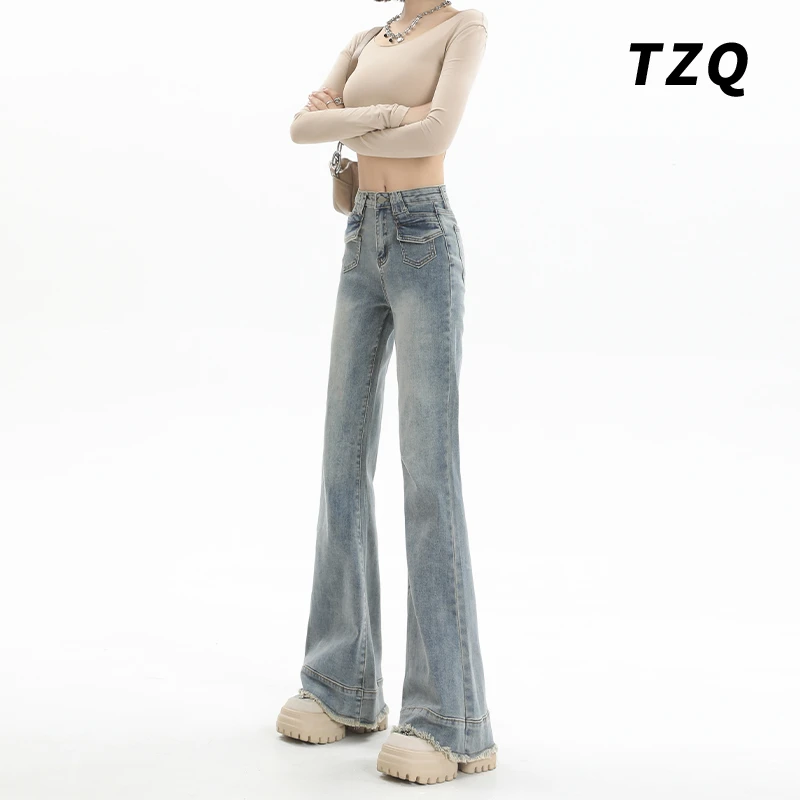 美式复古女2025新款春秋季高腰显瘦修身弹力微喇牛仔裤TZQ122865