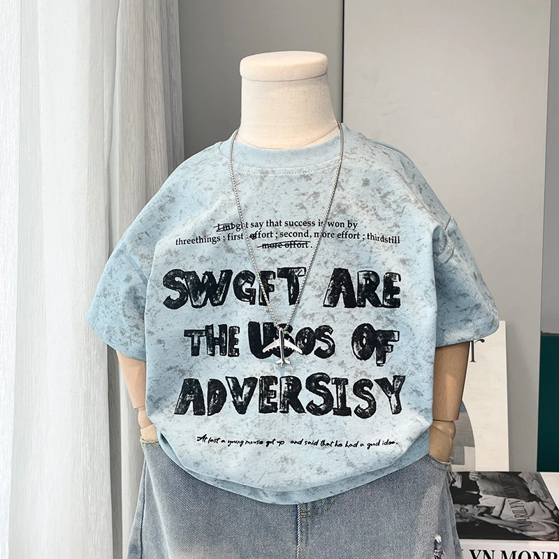 宇城童心坊韩版薄款儿童印花男童复古纯色夏季潮流半袖T恤纯棉