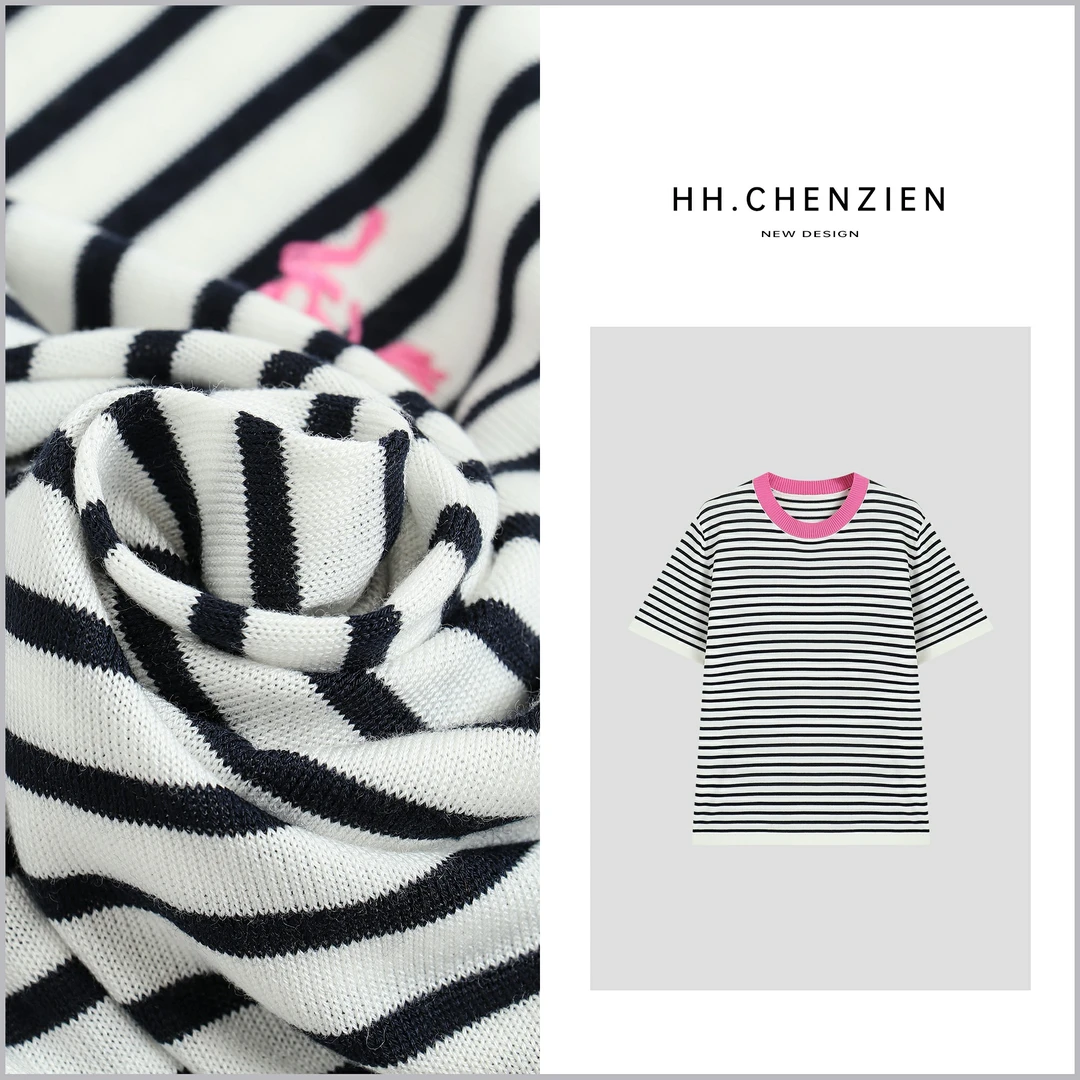 【黑黑家】夏款女细条纹领口拼色短袖时尚百搭针织上衣