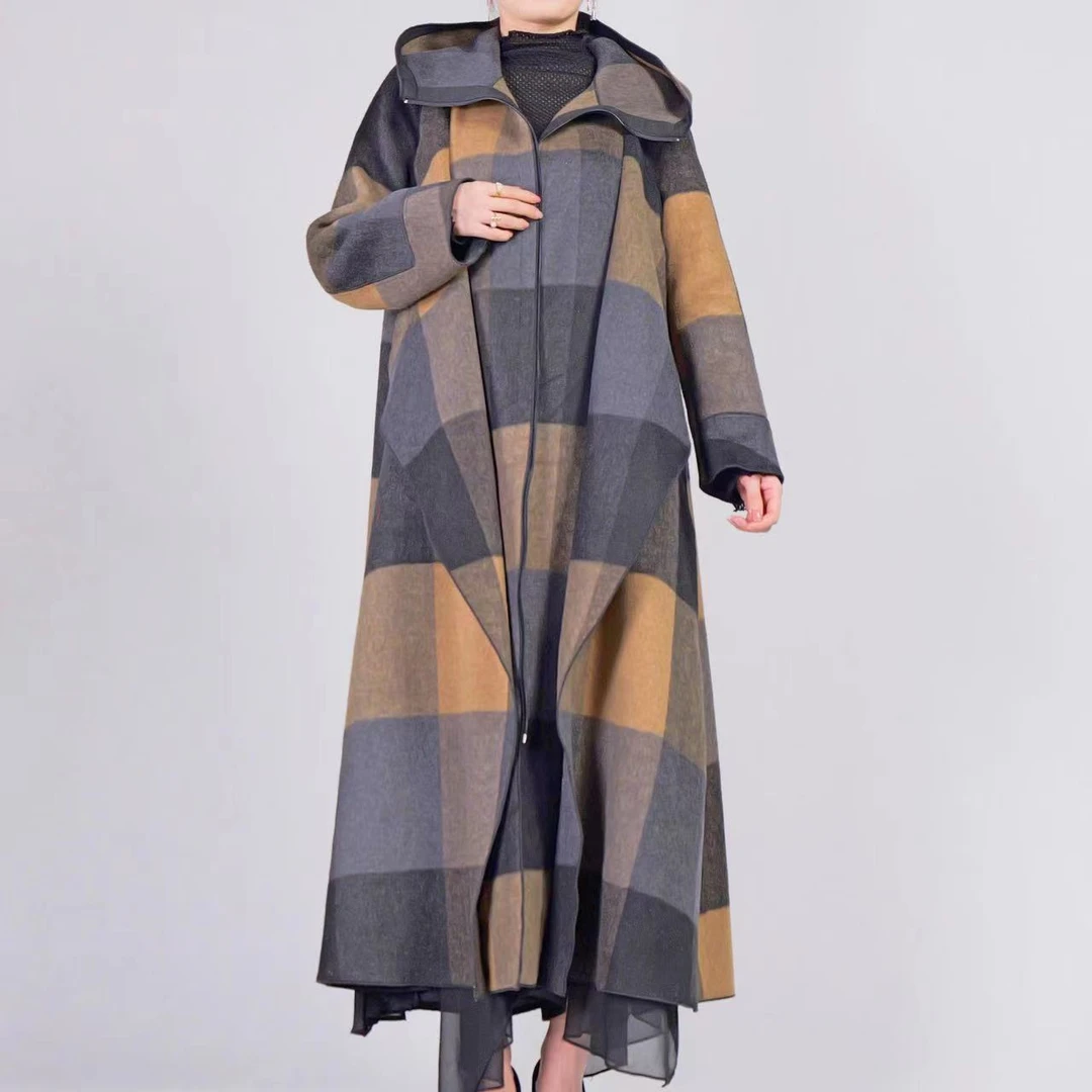 【大海轻奢】W23692新品大码宽松时尚烟灰色格子长款连帽大衣