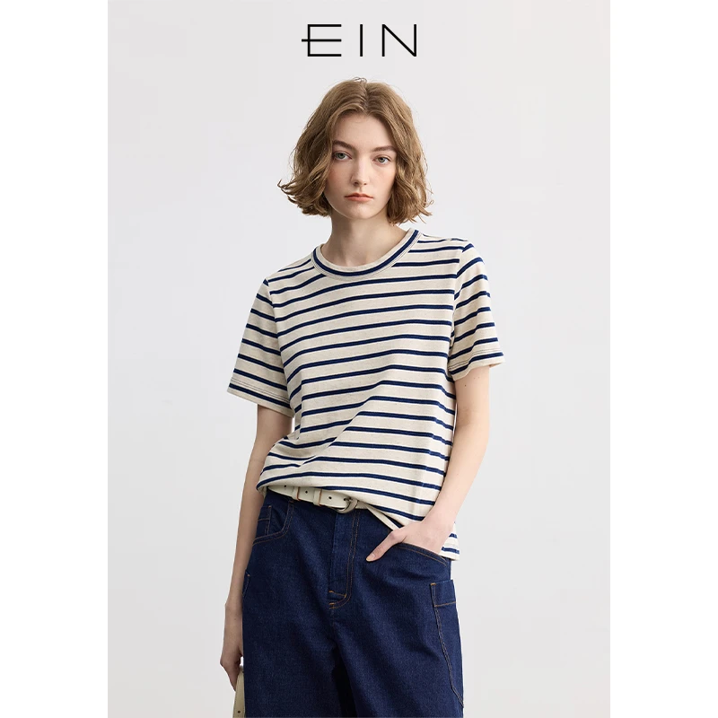 EIN/言海魂条纹圆领蓝白文艺休闲宽松短袖T恤上衣女2025春夏新款