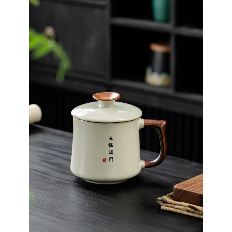 汝窑陶瓷茶杯带盖个人专用水杯大容量高端办公室泡茶杯家用喝茶杯