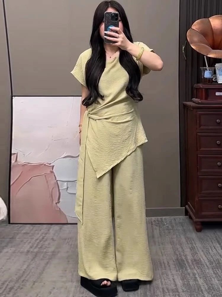 小九九 系带短袖上衣高腰阔腿裤新款胖mm夏季显瘦套装88239