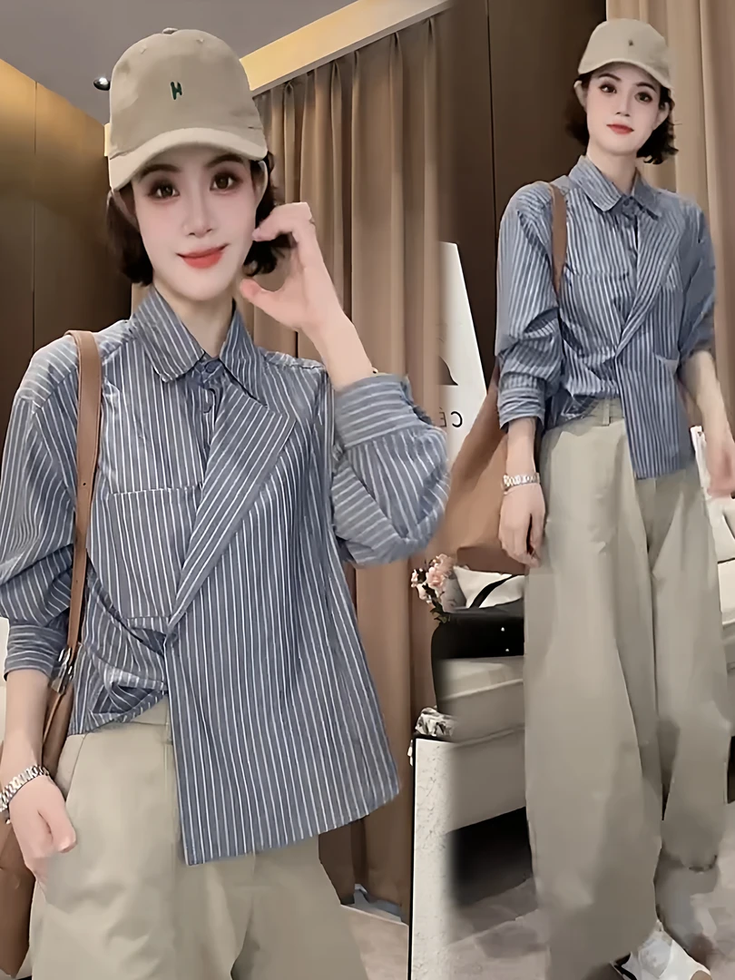 设计感小众不规则POLO领条纹衬衫女2025秋季新款休闲气质长袖衬衣