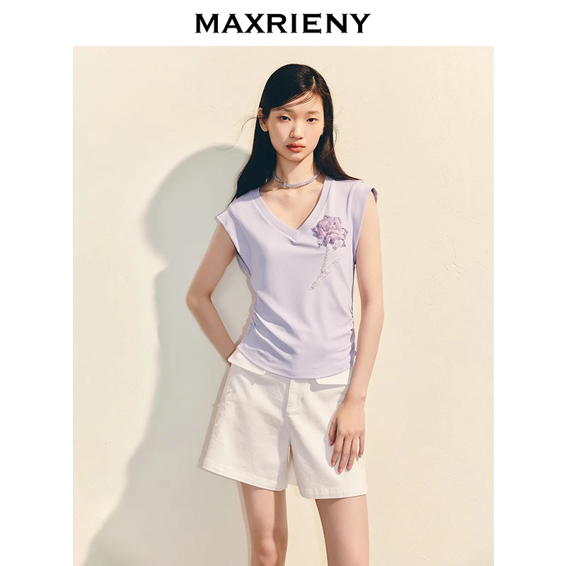 MAXRIENY精致日常收腰抽褶钉珠t恤25夏款新款修身显瘦气质上衣女
