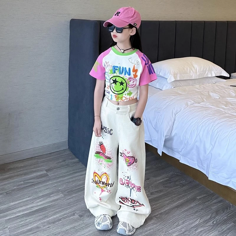 女童夏装套装洋气2025新款儿童涂鸦短袖棉布裤子两件套女孩街舞潮