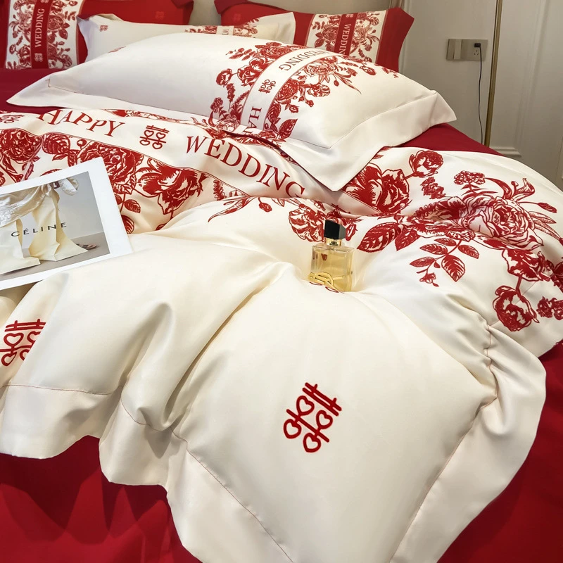 大红色婚庆简约四件套婚床新婚喜庆结婚床单被套喜被床上用品