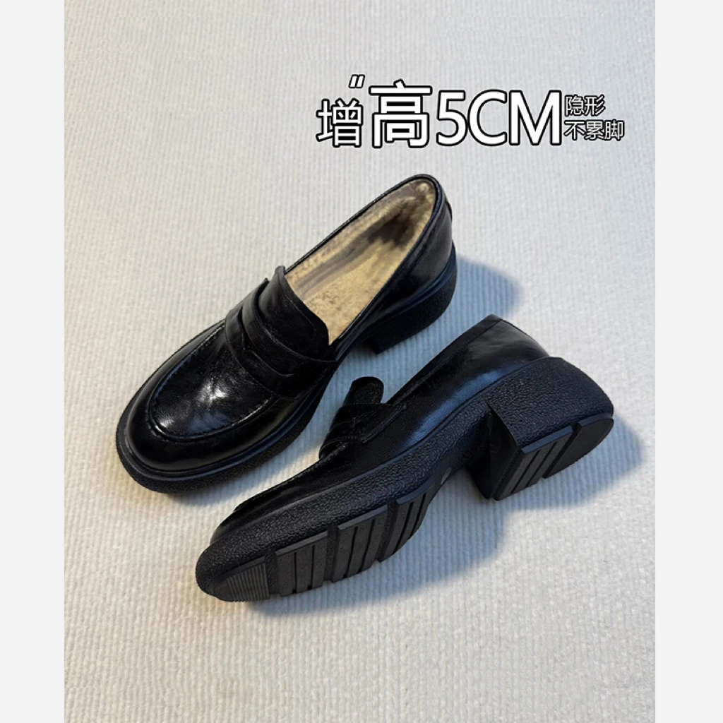 羊皮版~复古厚底英伦风加绒保暖乐福鞋毛毛鞋女通勤一脚蹬小皮鞋