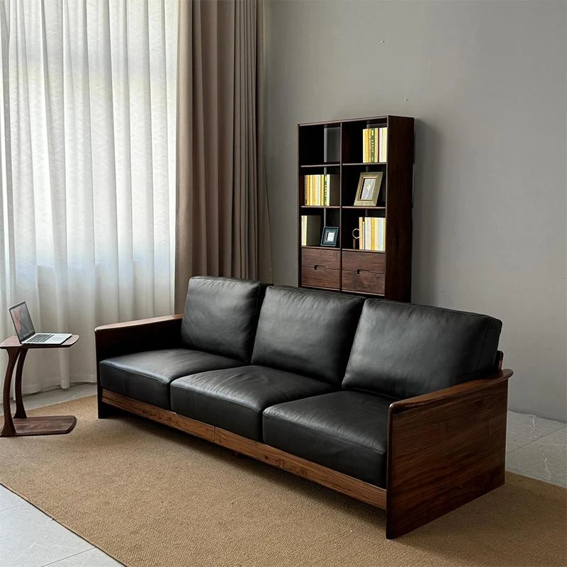 新中式北美黑胡桃木直排沙发客厅2025新款家用实木真皮沙发三人位