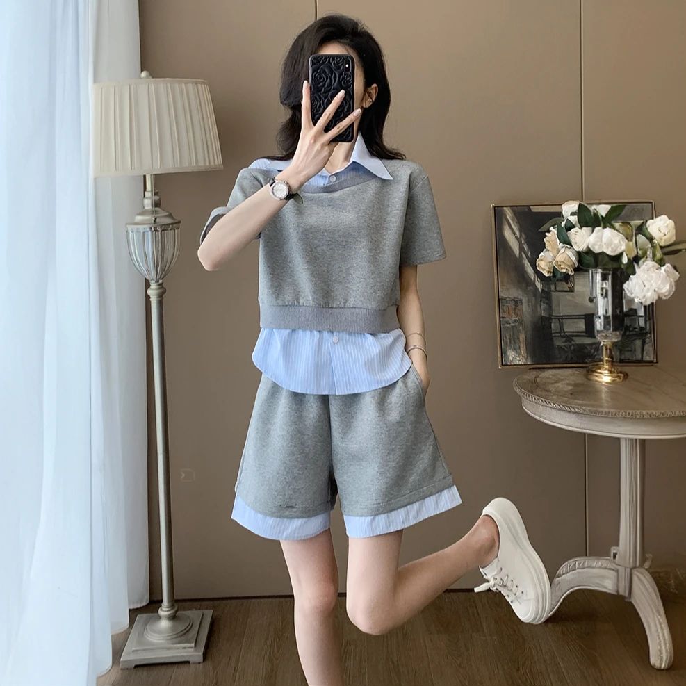 休闲套装女夏季时尚洋气减龄假两件短袖阔腿短裤显瘦两件套小个子