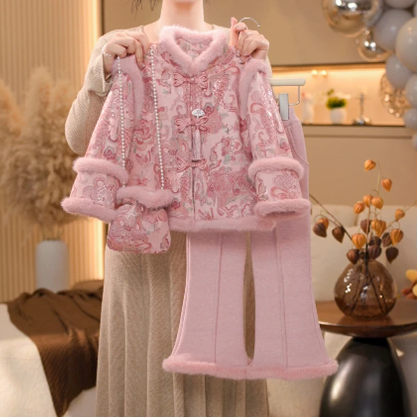 女童新中式国风夹棉外套2025新款秋冬季儿童唐装中大童年服两件套