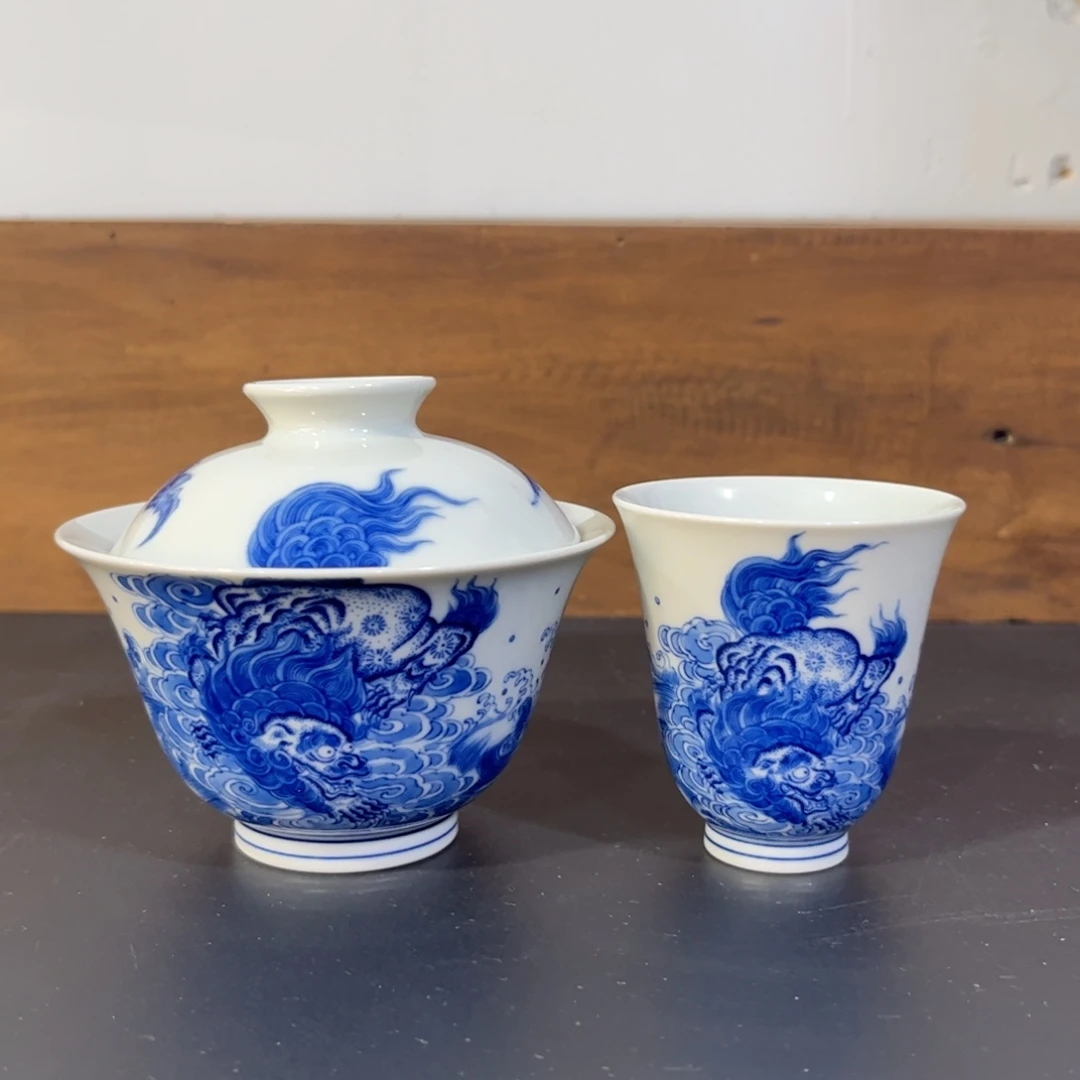 仿明青花狮子踏浪两件套 可拆分