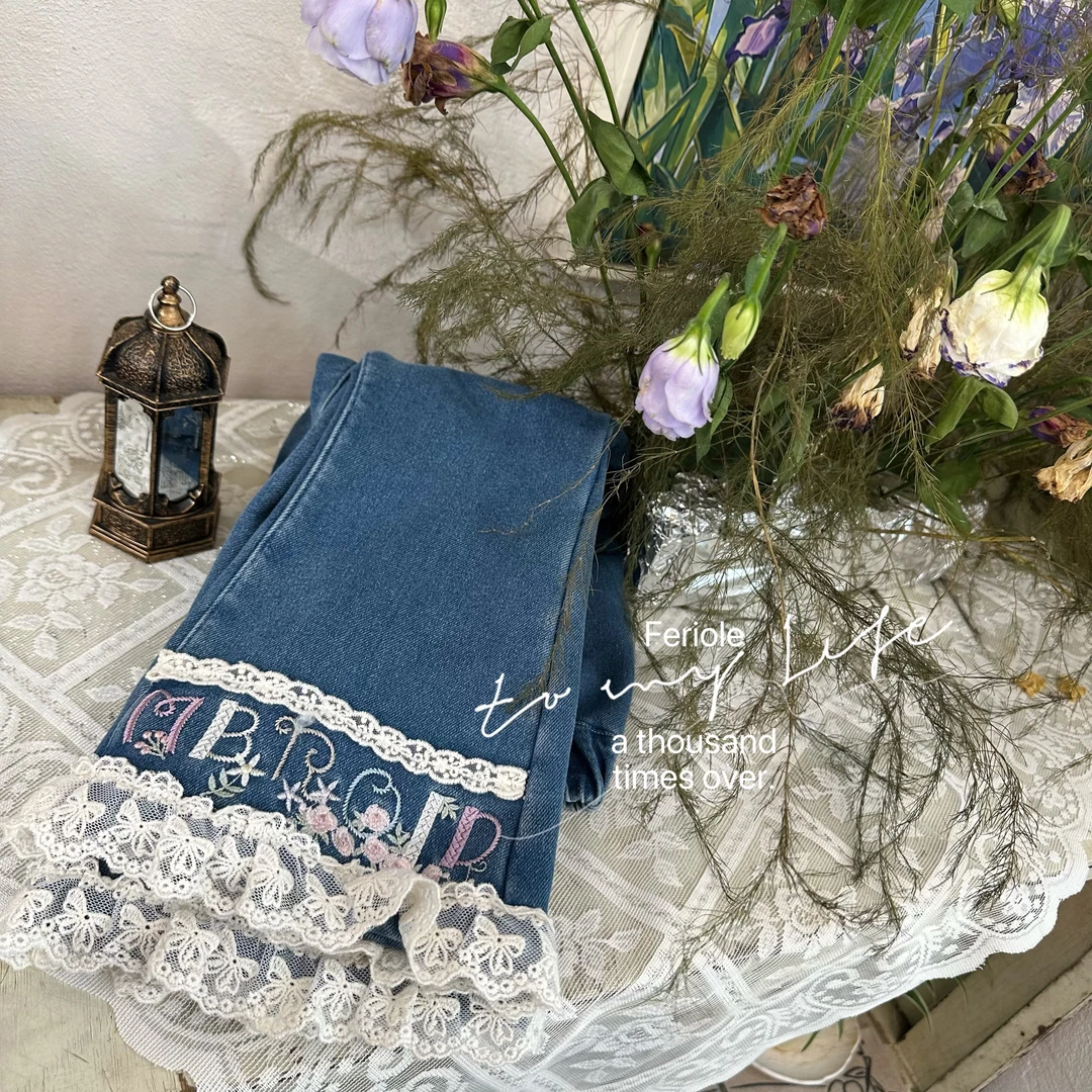 【加绒】FLL-53721-儿童女童加厚字母刺绣蕾丝边牛仔裤（冬款）