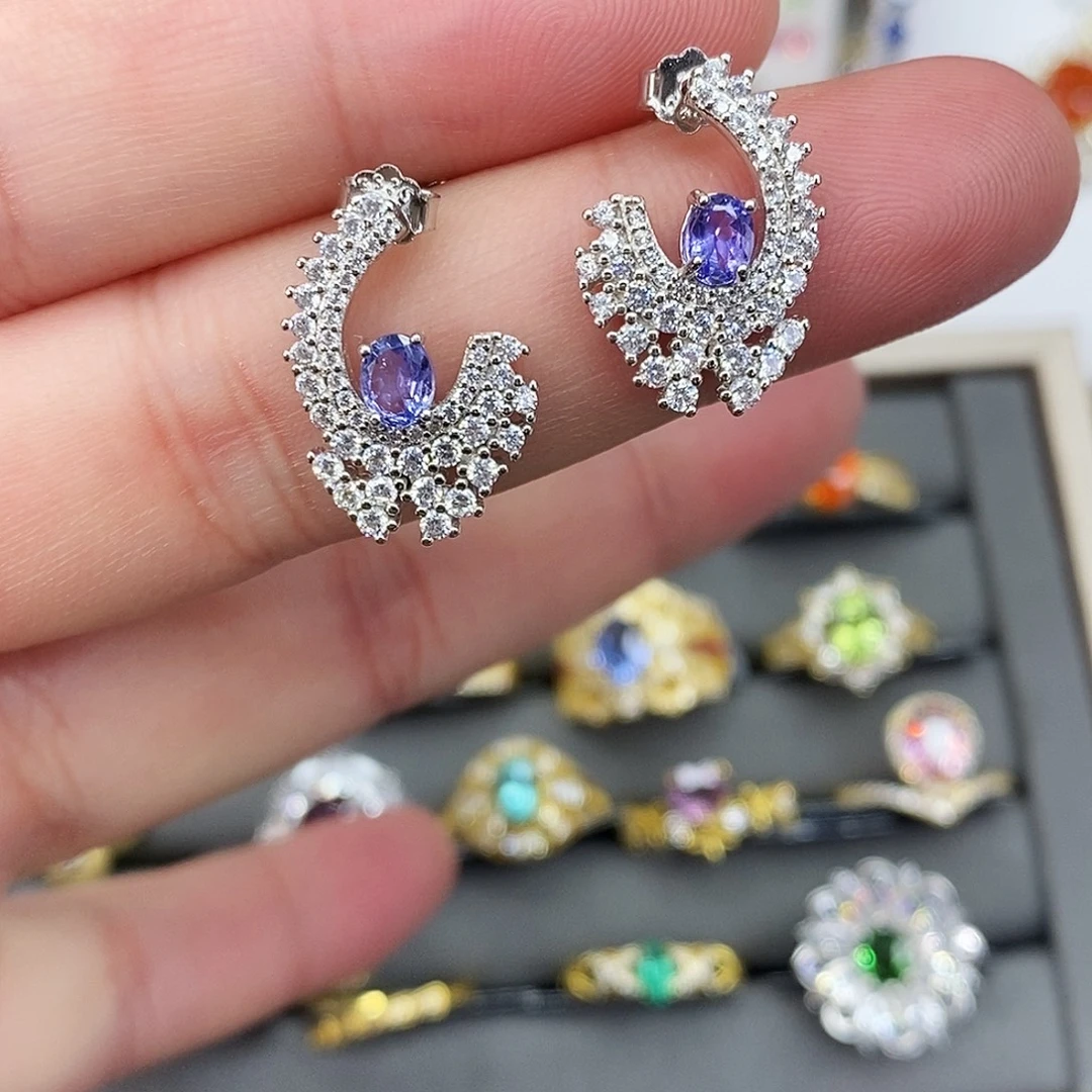 坦桑石耳饰银S925镶嵌