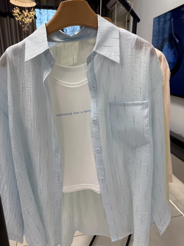 蓝色长袖衬衫外套女夏季薄款防晒衬衣外搭空调开衫上衣