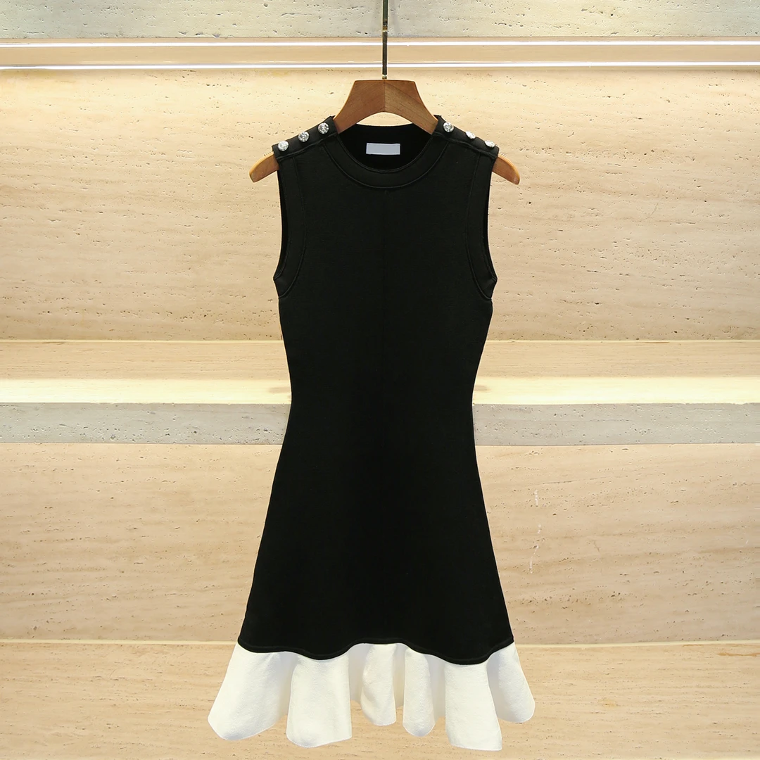 夏季法式高奢风女装连衣裙无袖修身拼接黑色背心裙女AL1407