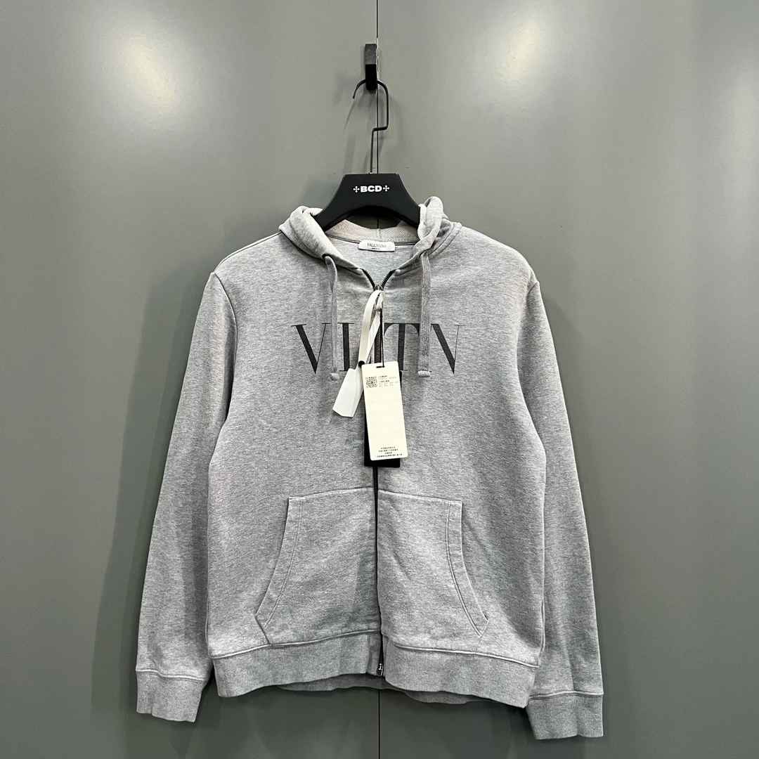 95新 Valentino/华伦天奴 (ll) 灰色印花logo拉链帽衫XS码/014457