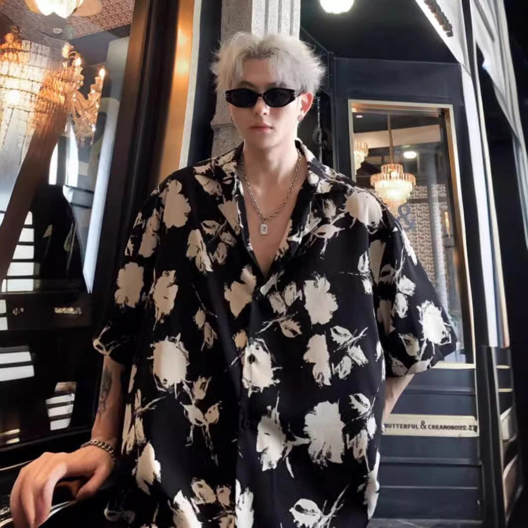 法式古巴领花衬衫男款短袖夏天痞帅高级感外套性张力穿搭冰丝衬衣