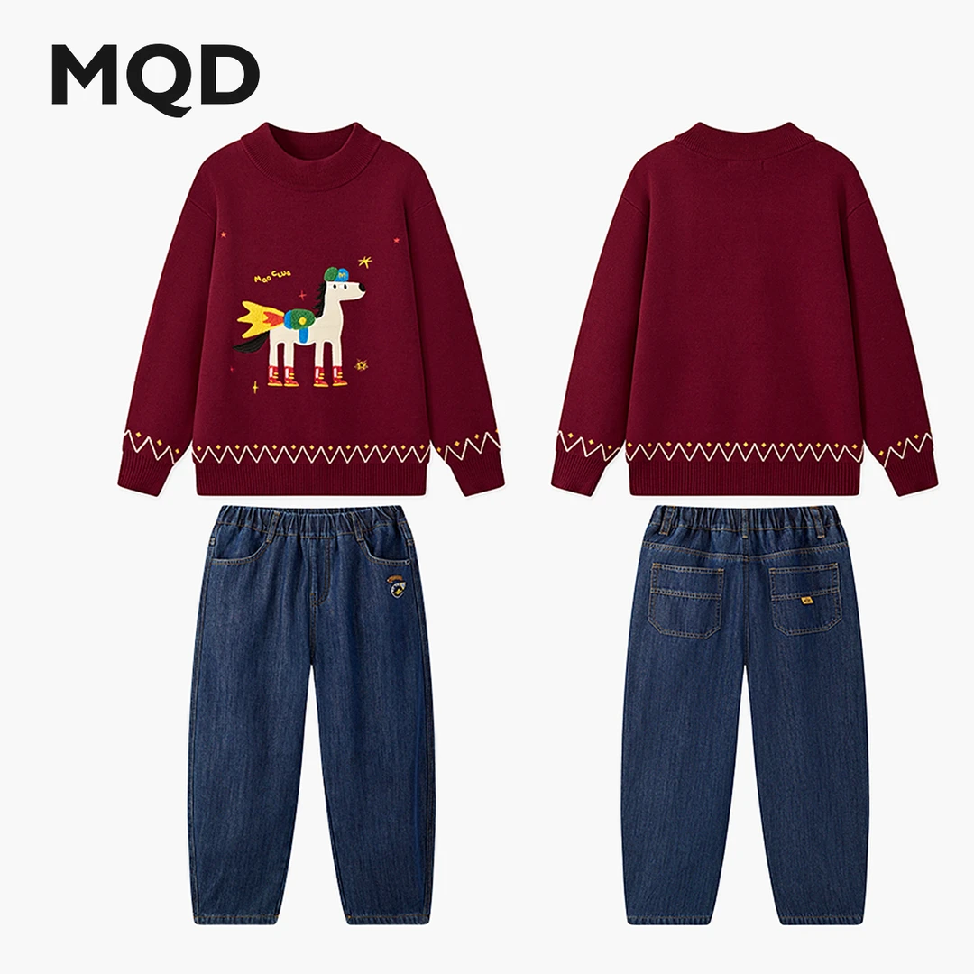 【套装】MQD男童25冬新款小马贴布绣拼接半高领毛衣套装TCW0779