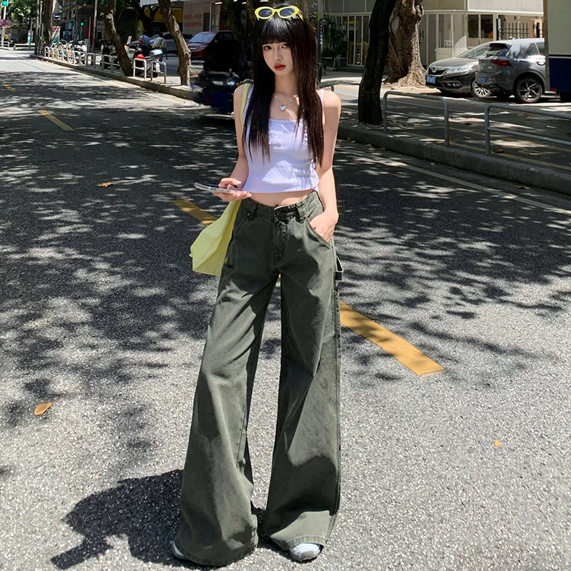 低腰水洗辣妹工装裤女直筒微喇休闲牛仔裤子美式复古宽松薄款显瘦