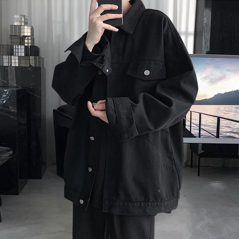 黑色牛仔外套男款春秋美式高街工装牛仔衣潮牌高级感痞帅翻领夹克