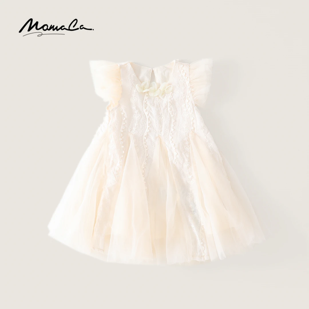 MOMOCO夏季款女童花边飞袖拼纱时尚连衣裙
