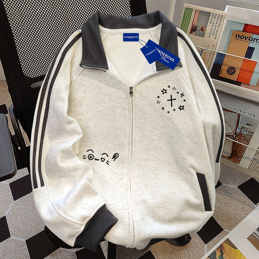 日系可爱三条杠加绒翻领拼接卫衣男女简约韩版秋冬季宽松显瘦外套