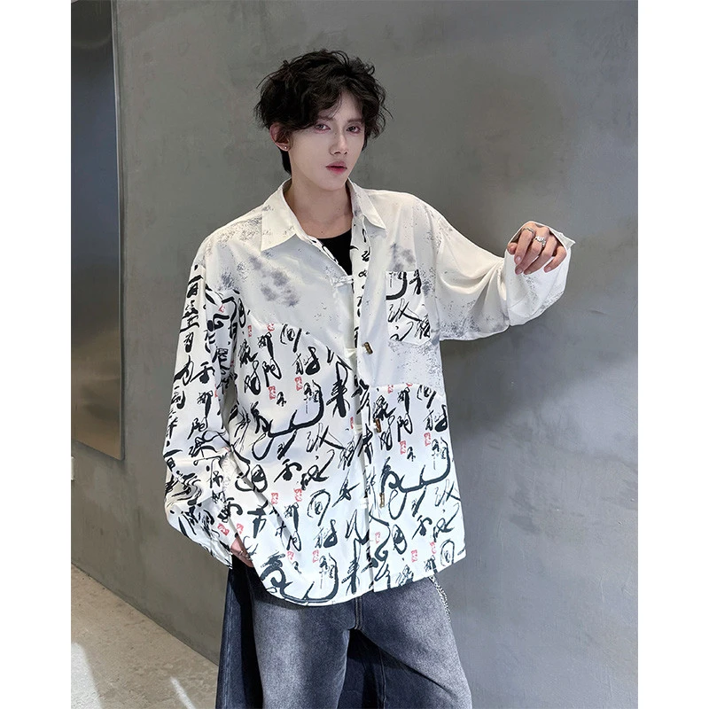 新中式潮牌扎染拼接冰丝衬衫男长袖春秋季中国风印花宽松汉服外套