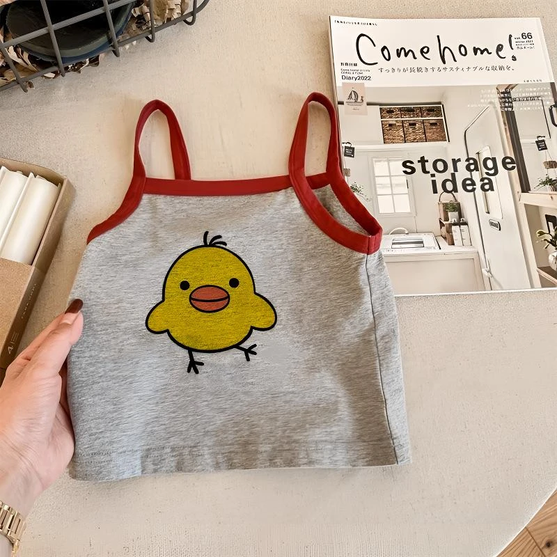 100%纯棉女童小吊带男女宝宝卡通萌鸡可爱印花婴幼儿无袖背心上衣