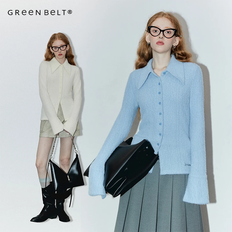 GREEN BELT 高级感针织开衫女2024秋季新款修身翻领仿马海毛上衣