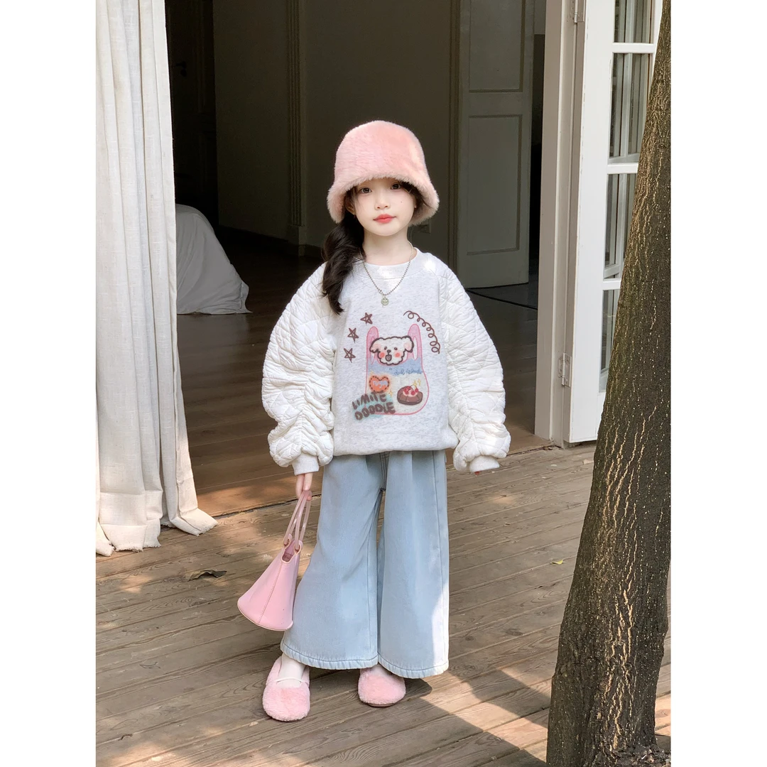 Bmy2025wt 女童冬季新款韩版可爱加绒拼色上衣洋气牛仔裤套装