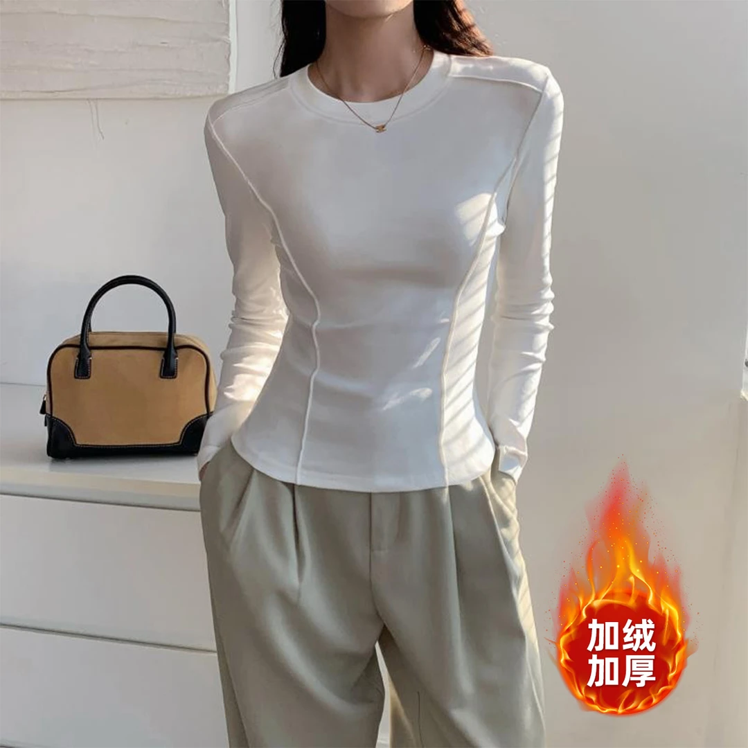 白色德绒长袖t恤打底衫女内搭秋冬季新款设计感小众修身收腰上衣