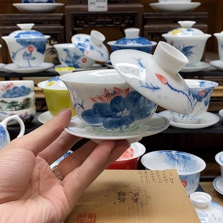 手绘荷花悬停盖碗150cc釉下彩微瑕福利款