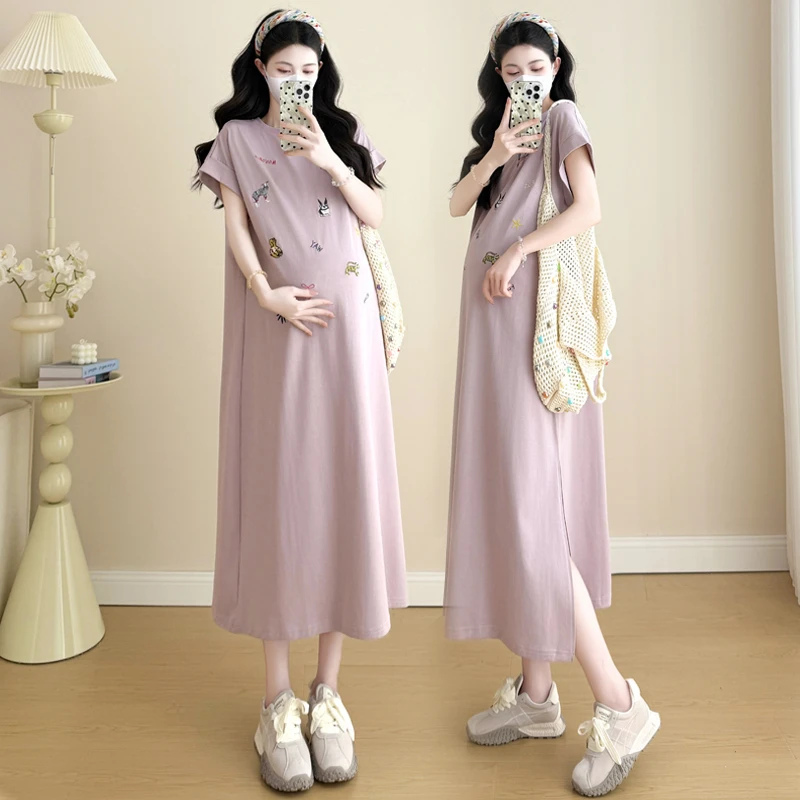 2025孕妇连衣裙夏季韩版短袖宽松遮肚休闲时尚大码T恤裙潮妈穿搭