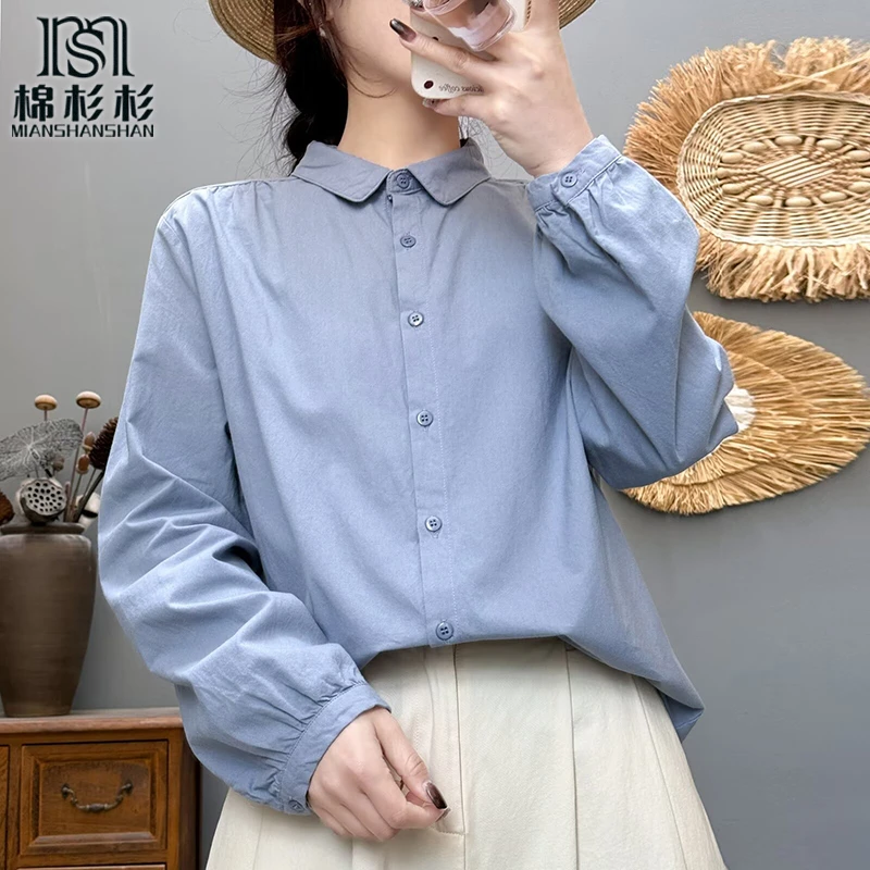 泡泡袖水洗纯棉 可爱圆领春秋薄款女士衬衫 通勤纯色内搭衬衫宽松