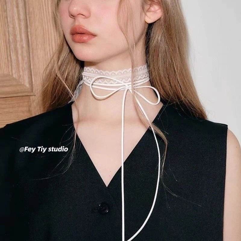 蕾丝飘带叠戴层次感设计蕾丝飘带细窄女春夏百搭锁骨颈带丝巾项链