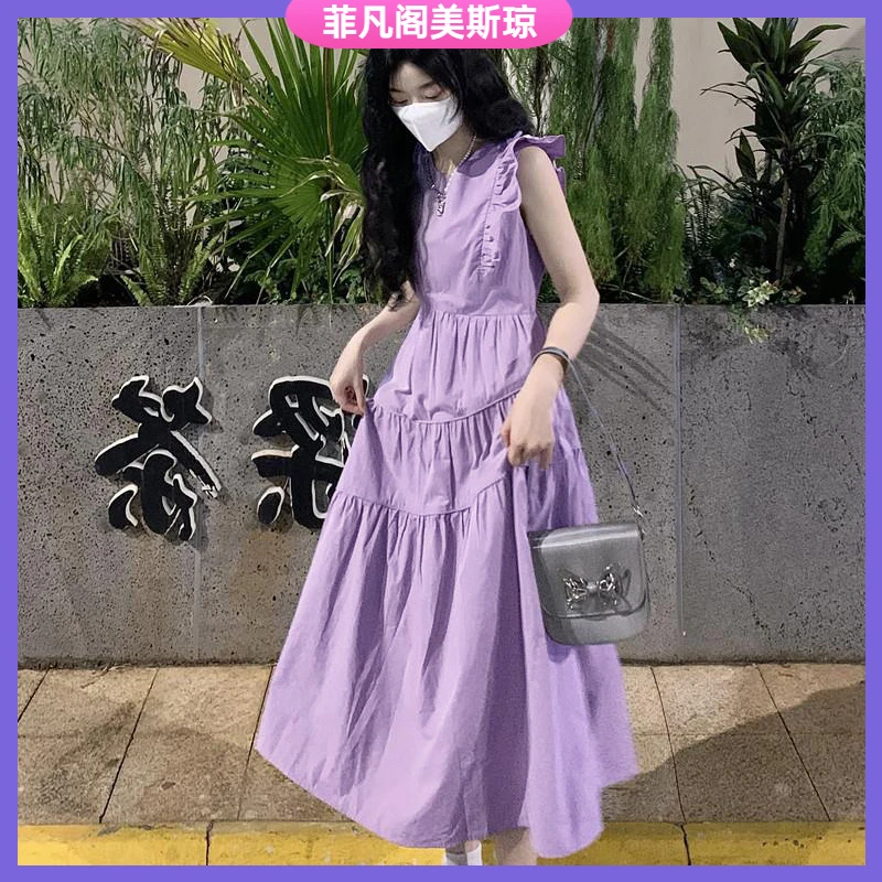 I时尚款式小飞袖风连衣裙夏季女法式气质显瘦高级感小个子长裙l