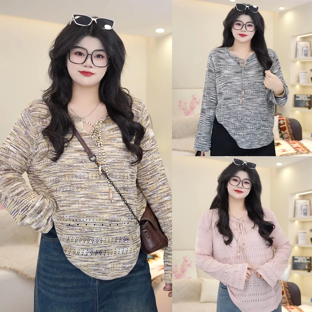 梦丞【秋岁时】大码女装秋冬针织衫镂空纯色系带显瘦通勤风长袖上衣