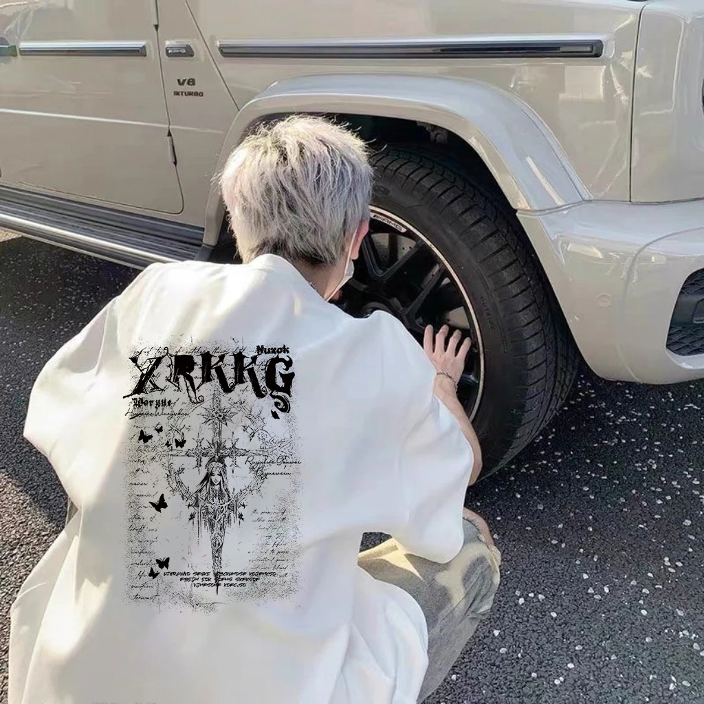 100%纯棉短袖百搭t恤2025新款圣十字架男女宽松潮流美式高街圆领