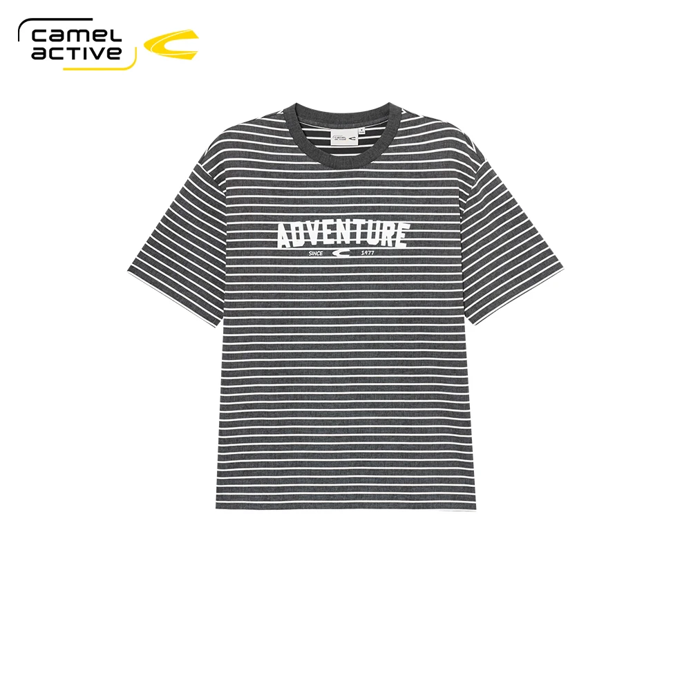 德国骆驼动感男装2025夏季新款经典百搭款休闲条纹印花短袖T恤