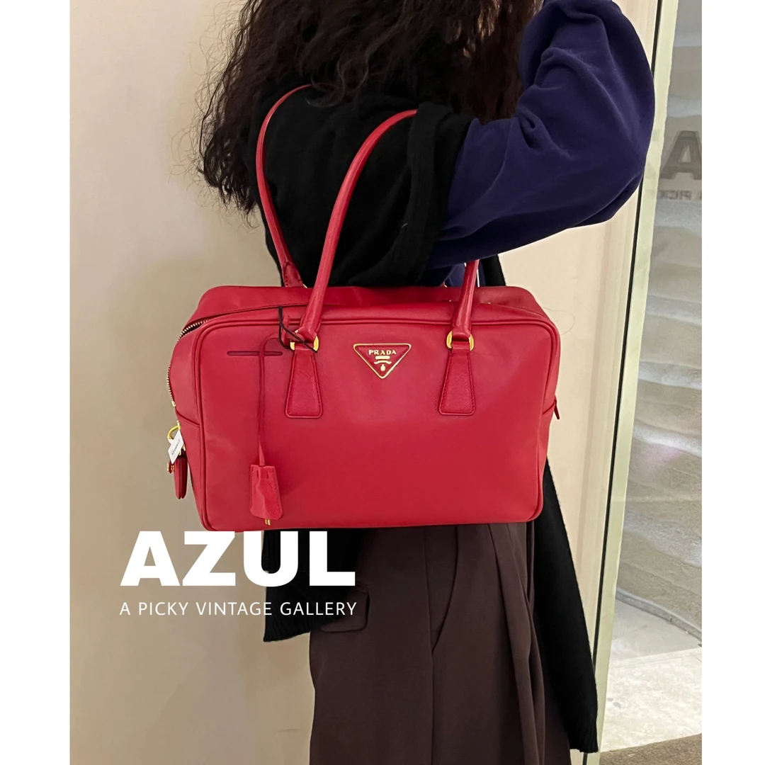 95新 Prada/普拉达 Azul - 红色金标牛皮plume手提包 时尚 39416