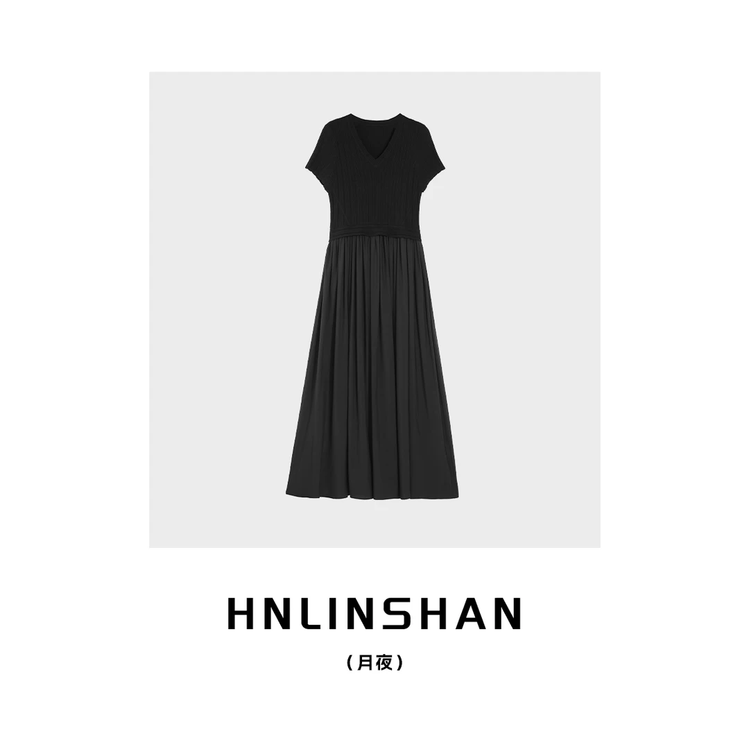 HNLINSHAN【月夜】夏季新款肌理感气质针织拼接连衣裙LS20431301