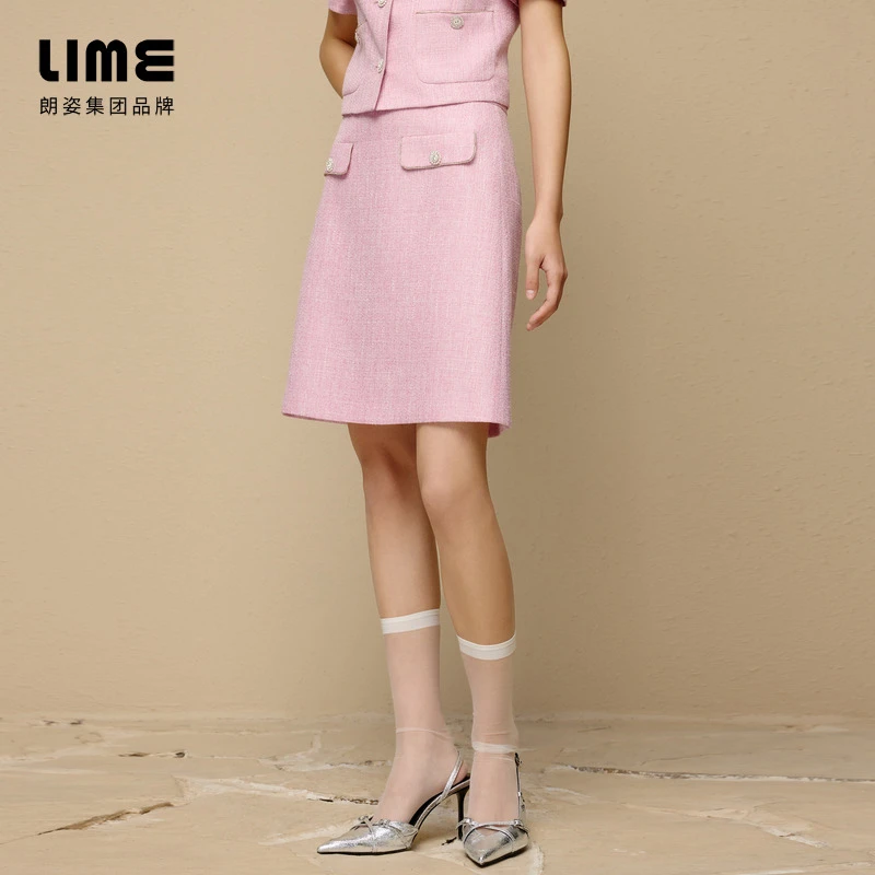 LIME/莱茵【闲适时光】夏季优雅气质粗花呢半裙亮粉色LMGB4BCSK606