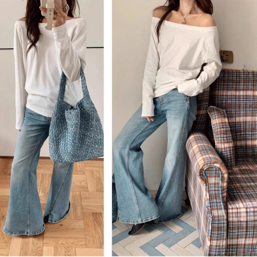 一字肩长袖上衣女装露锁骨性感纯宽松欲显瘦新款斜肩