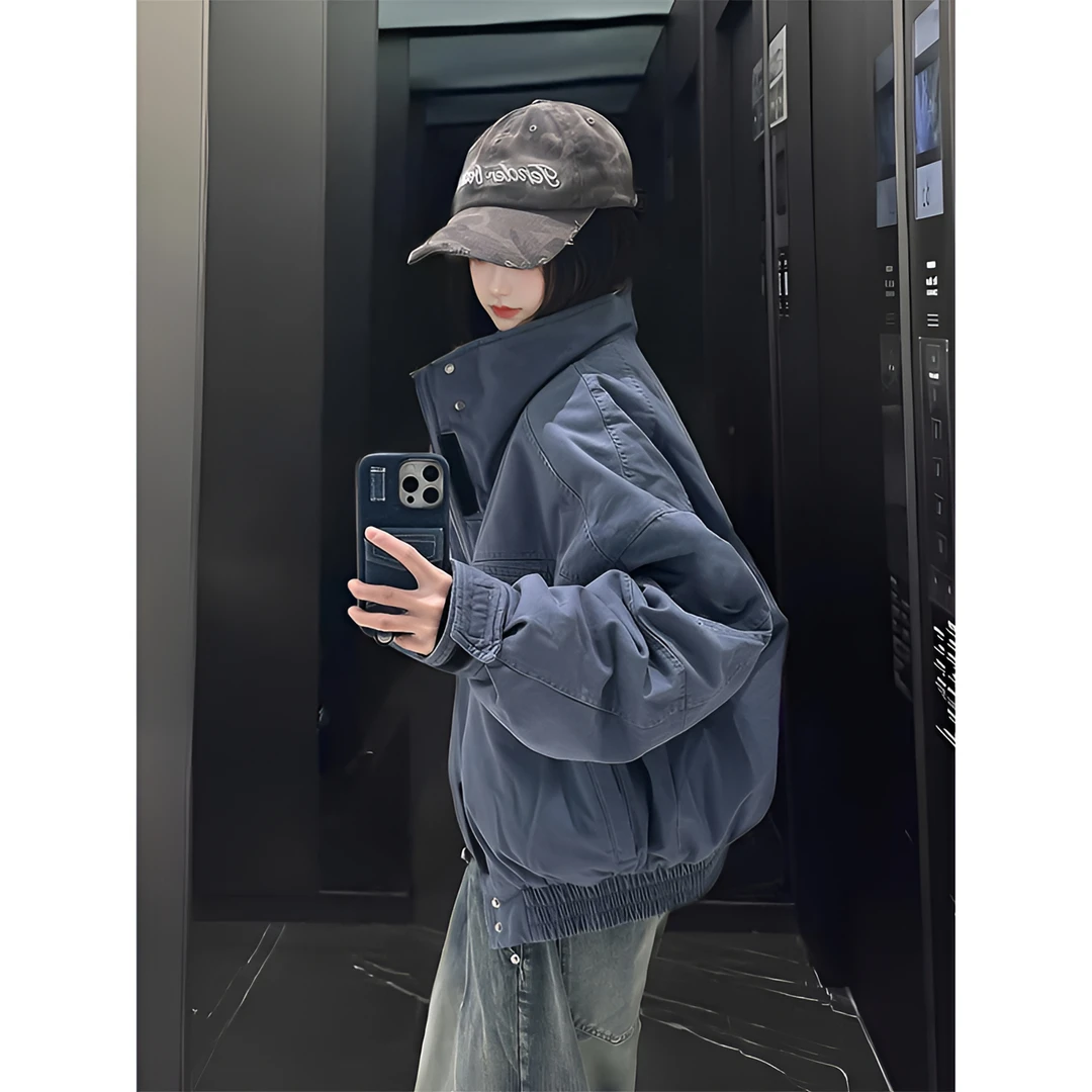 芙沿蓝色飞行员夹克外套女2025春季新款美式vintage高街情侣上衣