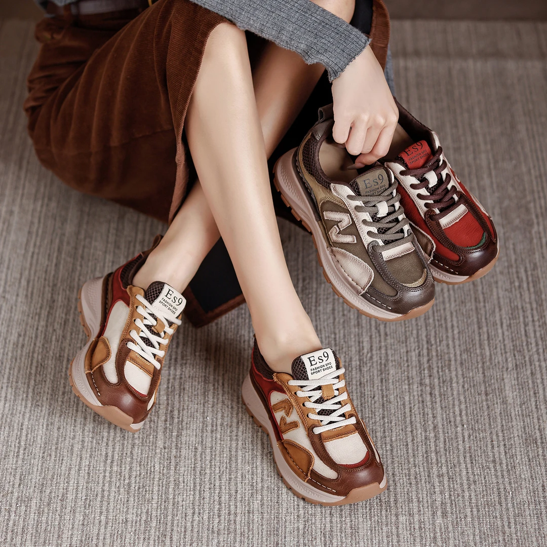 2025新款休闲鞋女拼色流动性厚底透气复古时尚软底春秋都ins系带