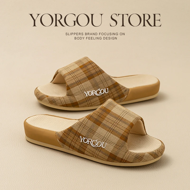 远港格子布艺凉感拖鞋春夏季女居家用室内防滑不臭脚四季通用软底