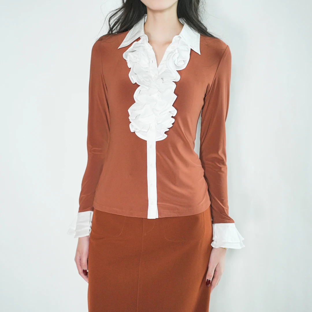 GIRDEAR/哥弟 新款通勤减龄气质百搭长袖荷叶领收腰衬衫1300622