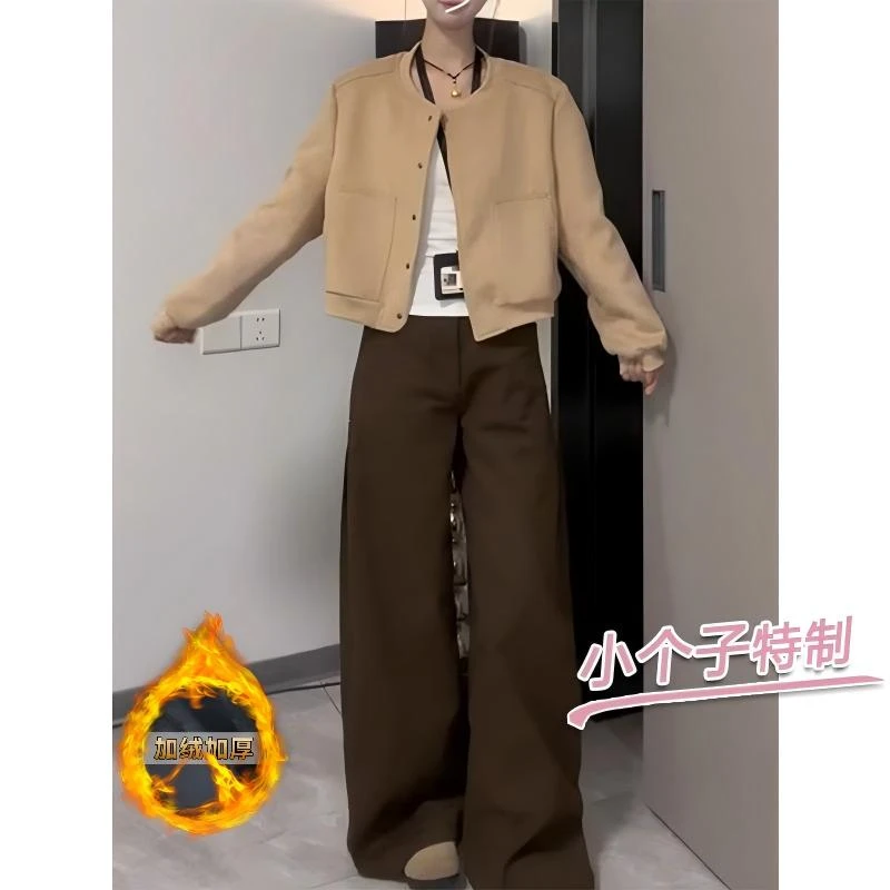 小个子美拉德咖色阔腿牛仔裤女加绒高腰宽松显瘦百搭垂感直筒长裤